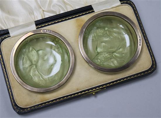 A cased pair of early 1930s silver mounted frosted green glass and caviar? dishes, Turner & Simpson Ltd, Birmingham, 1932, 75mm.